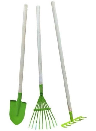 Garden Tools Set, 3-Piece with Long Handles, Shovel, Rake and Leaf Collector, Green and White